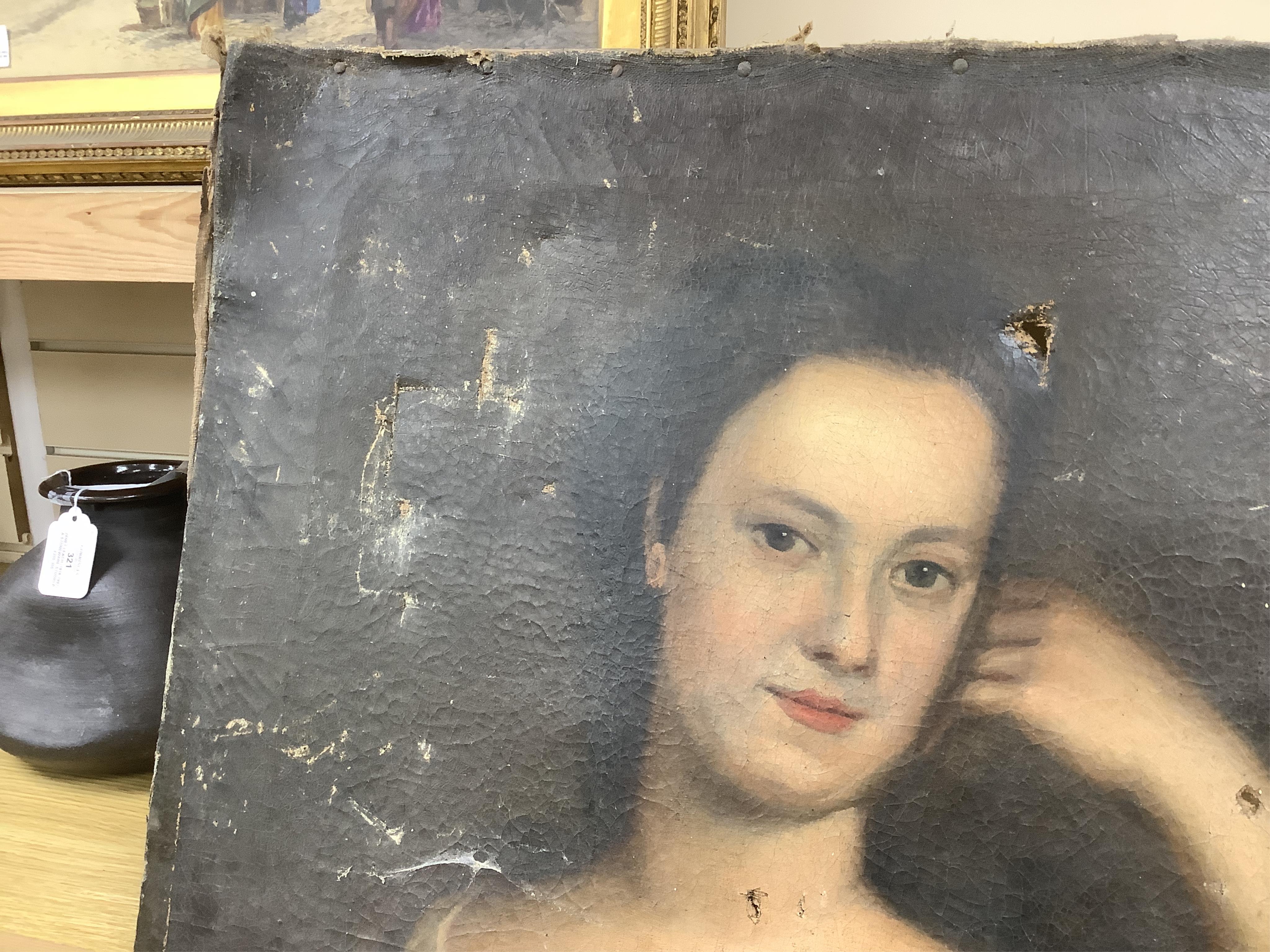 Manner of Michael Dahl (Swedish, 1659-1743), oil on canvas, portrait of a lady, unframed, holes to canvas, a.f, 76 x 65cm